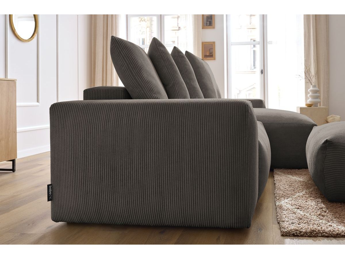 Bobochic Voltaire Ecksofa mit Schlaffunktion und Bettkasten und Pouf Cordsamt Taupe