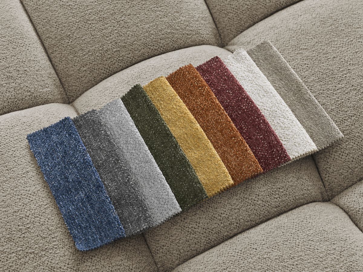 Bobochic Everest Ecksofa mit Schlaffunktion und Pouf, 10 Kissen Melange-Stoff Taupe Ecke links