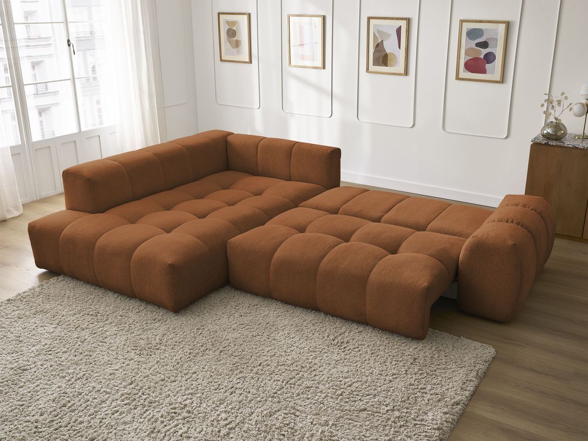Bobochic Everest Ecksofa mit Schlaffunktion und Bettkasten 320 × 212 cm, 10 Kissen Melange-Stoff Orange Ecke links