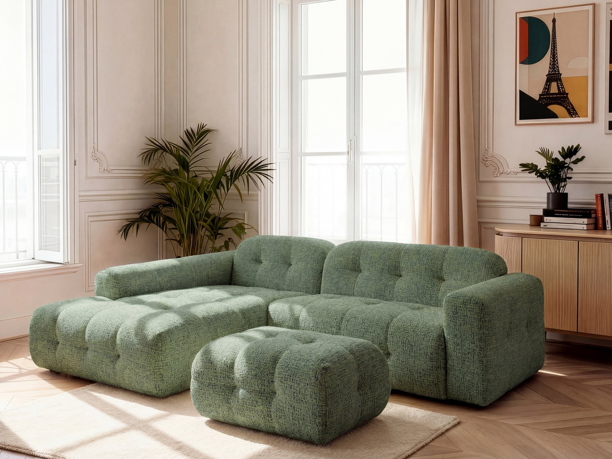 Bobochic Laura Ecksofa mit kleinem Pouf Melange-Stoff Hellgrün Ecke links