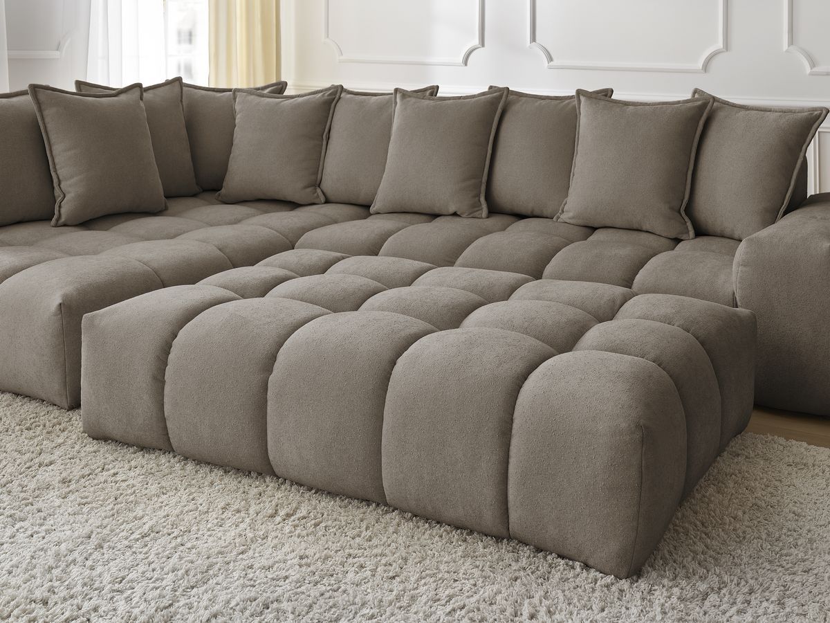 Bobochic Everest Ecksofa mit Schlaffunktion und Pouf, 10 Kissen Strukturstoff Taupe Ecke links