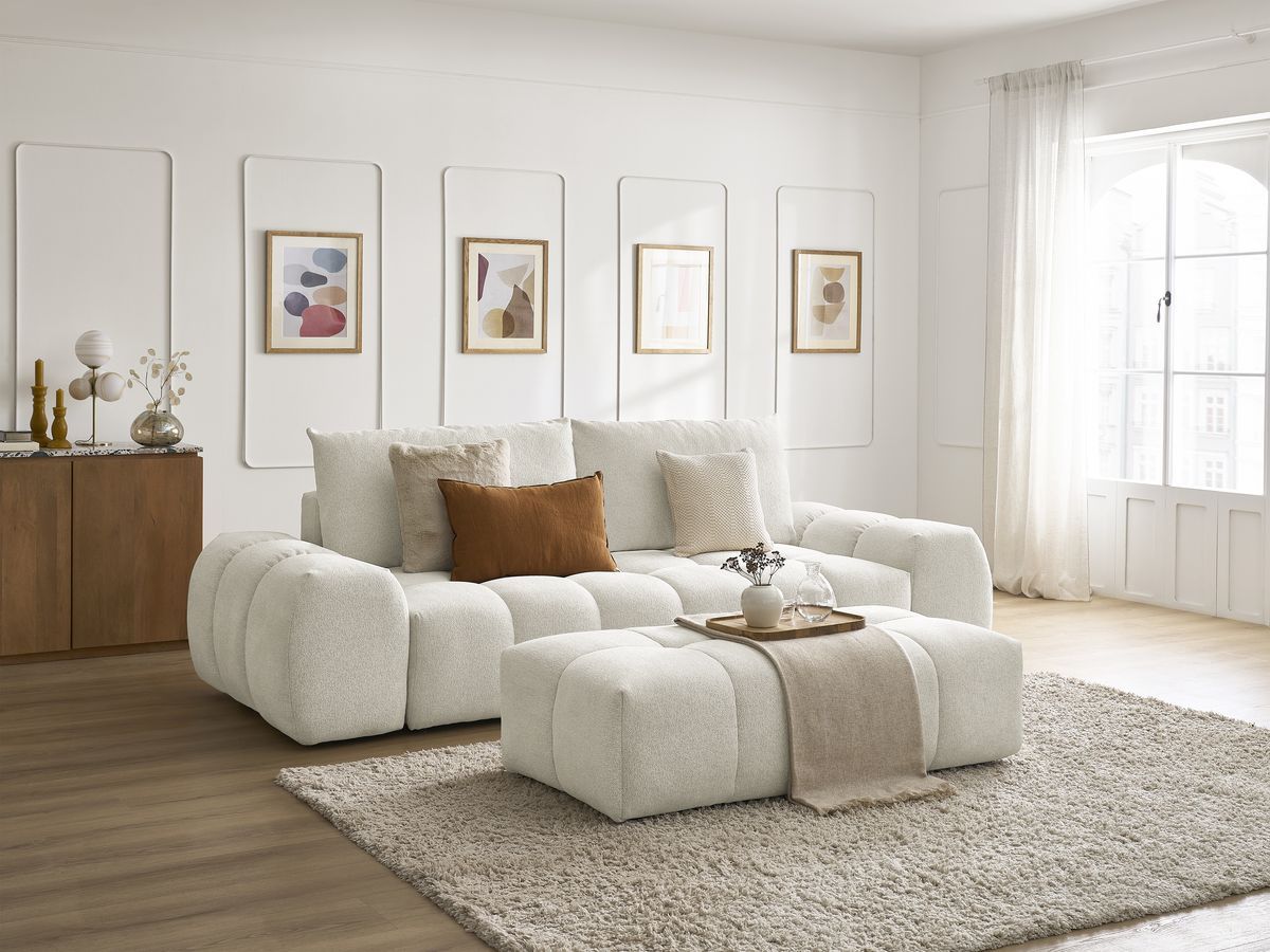 Bobochic Everest Sofa 3-Sitzer mit Pouf, 2 Kissen Melange-Stoff Weiß