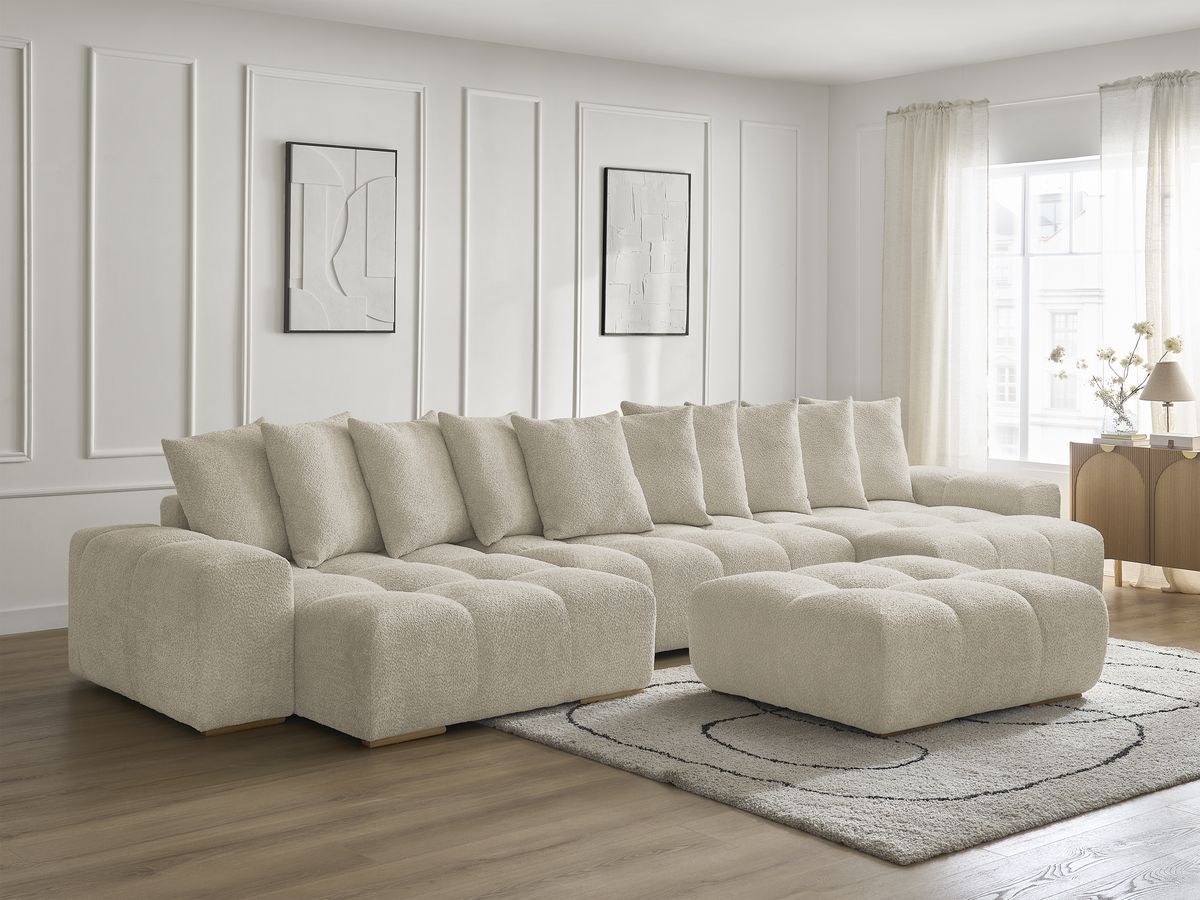 Bobochic Anakin Wohnlandschaft mit Pouf, 10 Kissen Bouclé-Stoff Beige