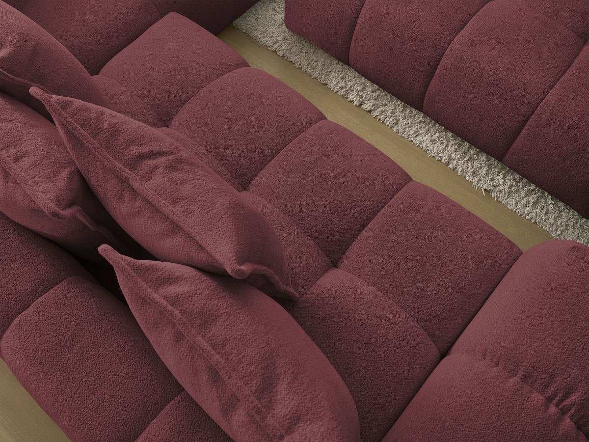 Bobochic Everest Ecksofa mit Schlaffunktion und Bettkasten und Pouf 320 × 212 cm, 10 Kissen Melange-Stoff Rot Ecke rechts