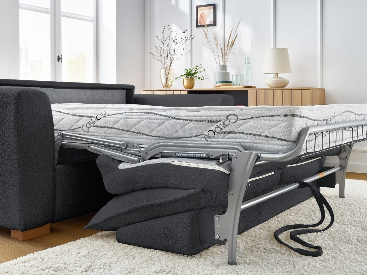 Bobochic Augustin Schlafsofa 3-Sitzer Bouclé-Stoff Dunkelgrau, Liegefläche 140 × 200 cm
