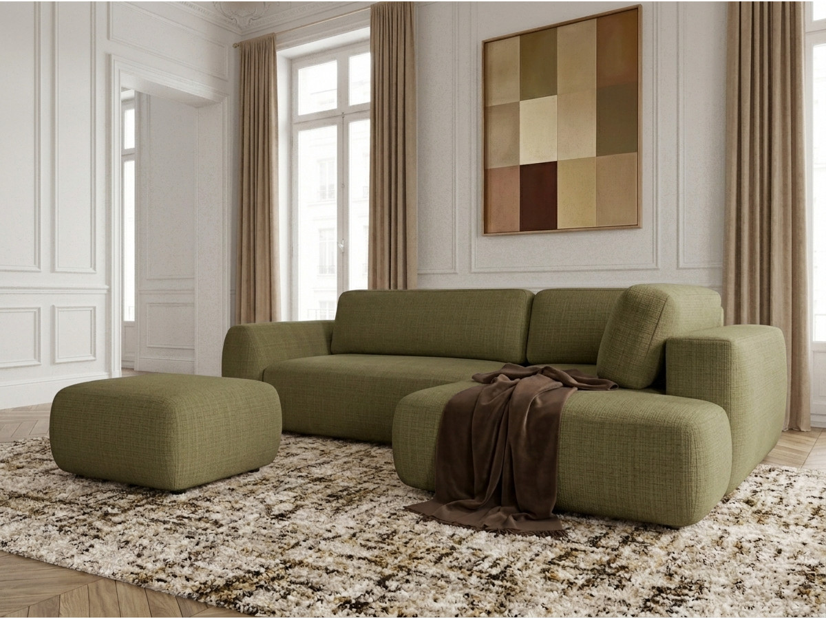 Bobochic Denise Ecksofa mit Schlaffunktion und Bettkasten und Pouf 256 × 197 cm Strukturstoff Grün Ecke rechts