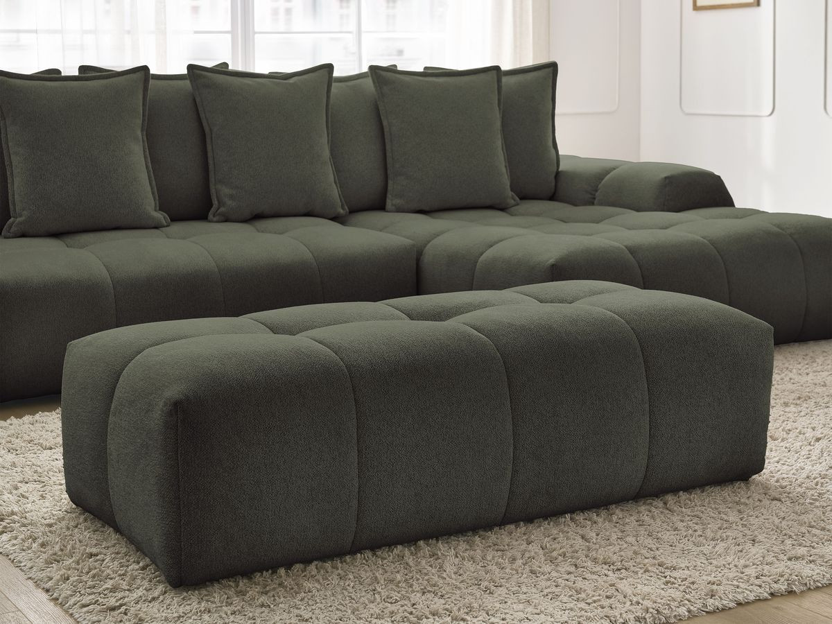 Bobochic Everest Ecksofa mit Schlaffunktion und Bettkasten und Pouf 318 × 180 cm, 7 Kissen Melange-Stoff Grün Ecke rechts