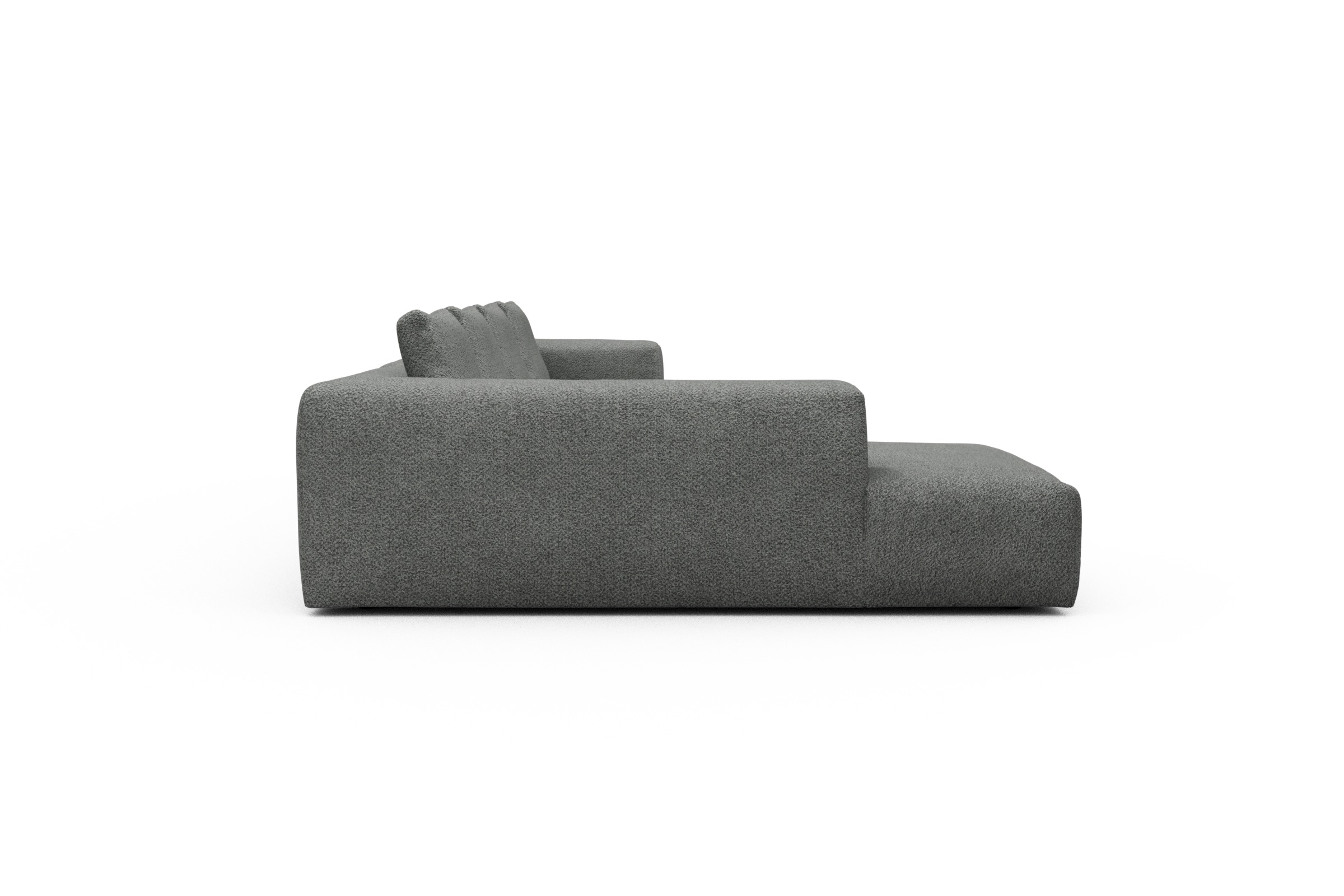 Wohnlandschaft Fred Relax-Ecke links mit 2-Sitzer und Chaiselongue rechts Boucle Vanora 868-Warm-Grey