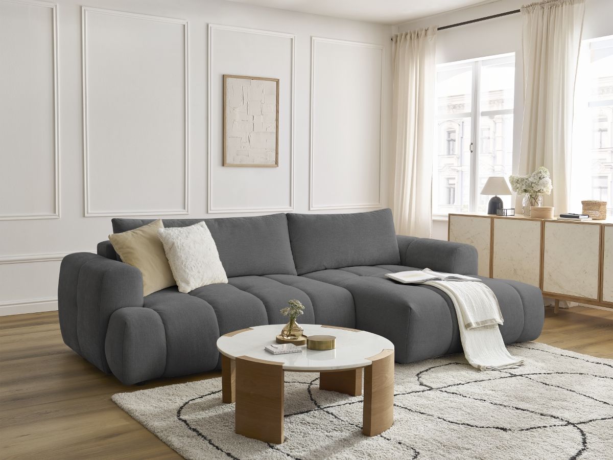 Bobochic Fuji Ecksofa mit Schlaffunktion und Bettkasten 292 × 160 cm Stoff Dunkelgrau Ecke rechts