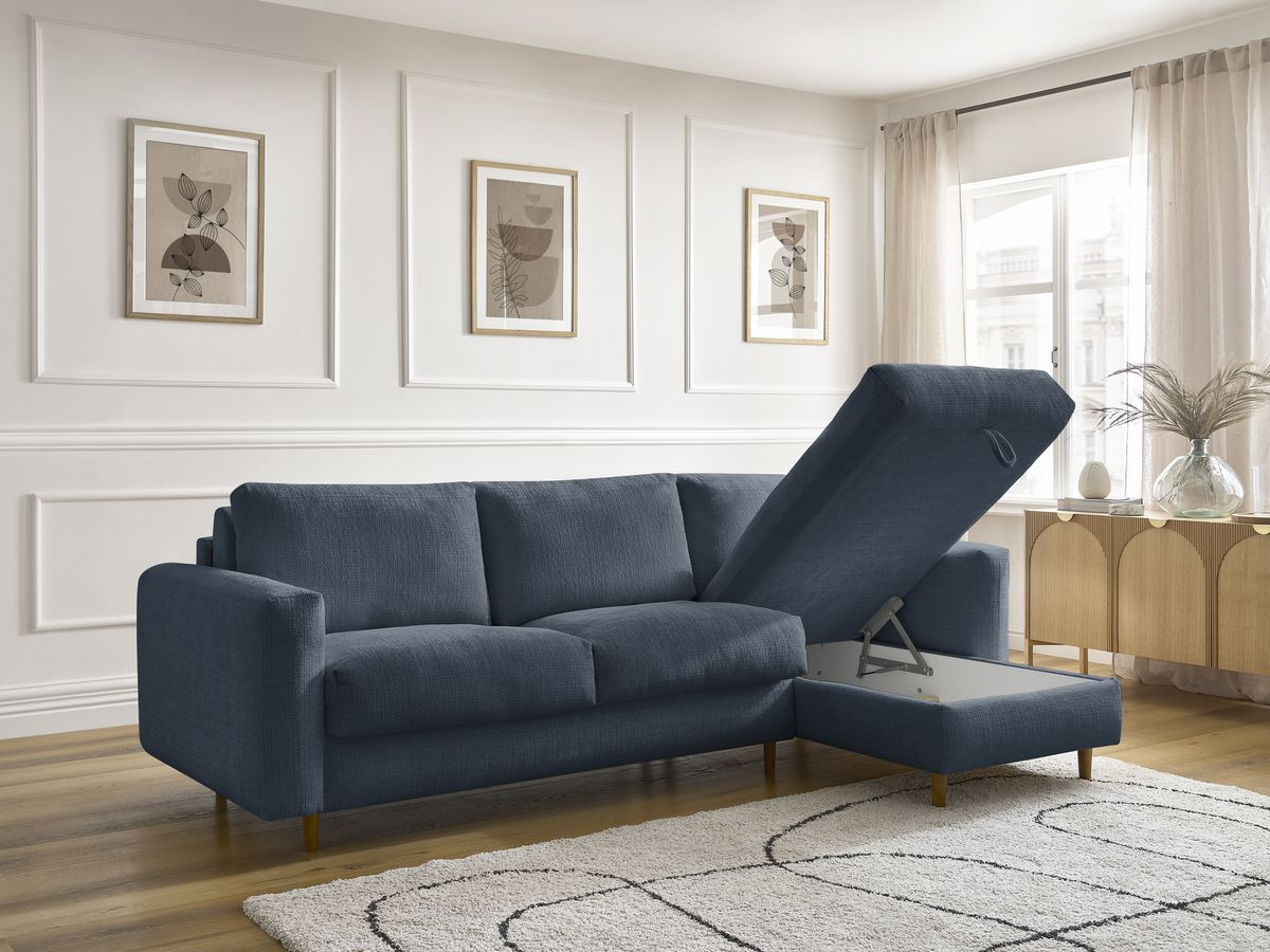 Bobochic Cocoone Ecksofa mit Schlaffunktion und Bettkasten Strukturstoff Dunkelblau, Liegefläche 160 × 200 cm