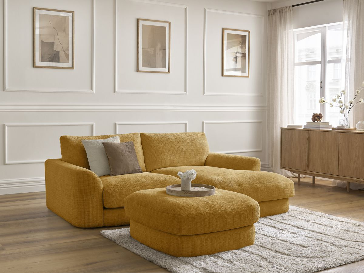 Bobochic Leonore Ecksofa mit Pouf Strukturstoff Gelb Ecke rechts