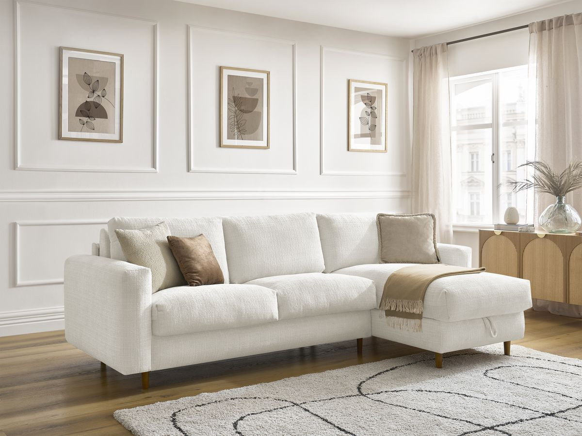 Bobochic Cocoone Ecksofa mit Schlaffunktion und Bettkasten Strukturstoff Weiß, Liegefläche 140 × 200 cm