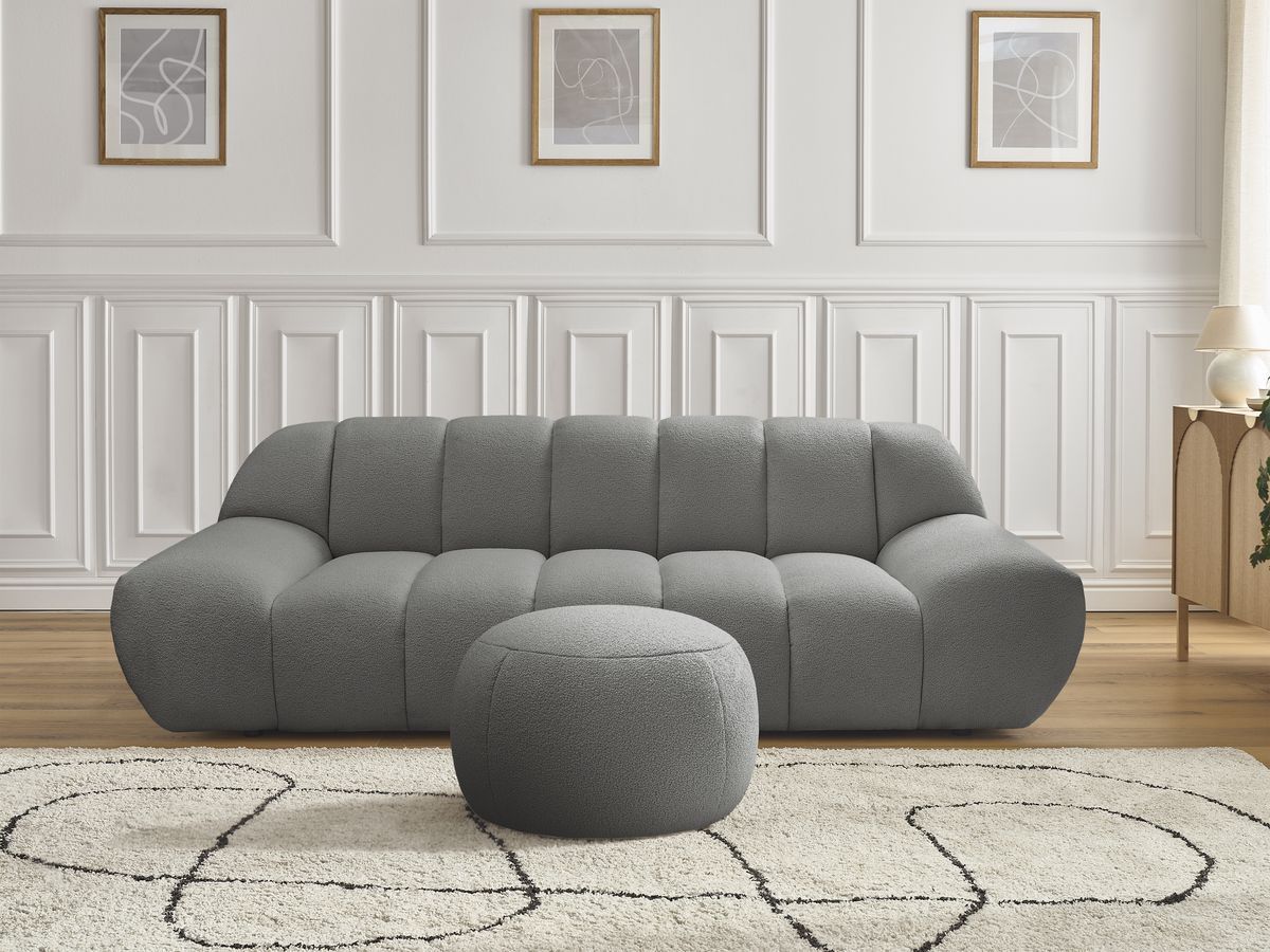 Bobochic Hayden Sofa 3-Sitzer mit Pouf 226 × 107 cm Bouclé-Stoff Dunkelgrau