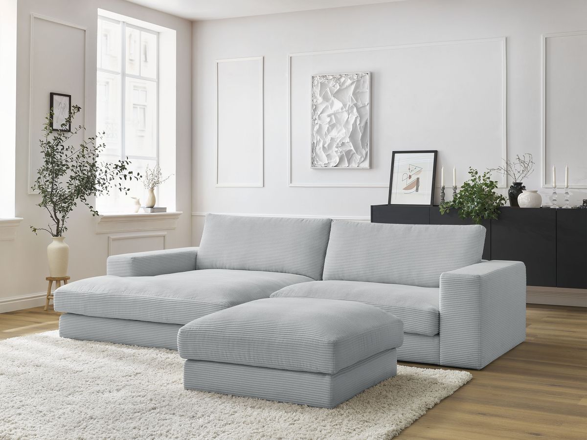 Bobochic Leonard Ecksofa mit Pouf 274 × 159 cm Cordsamt Hellgrau Ecke links
