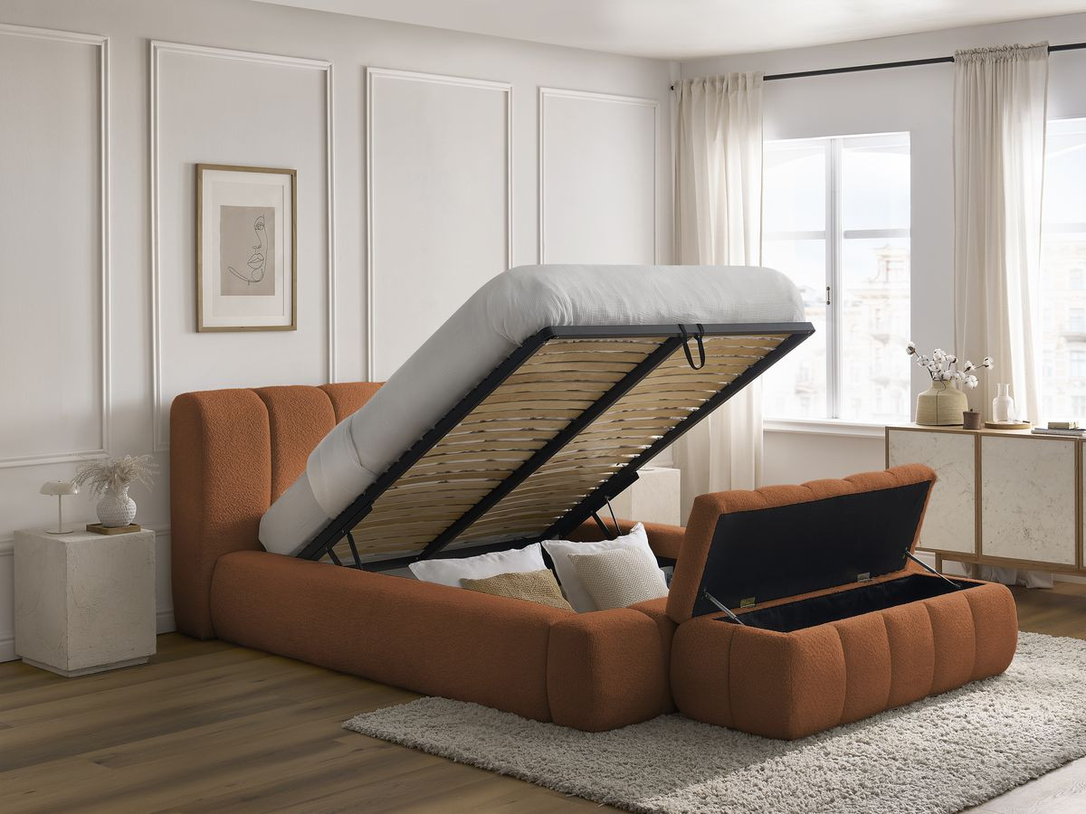 Bobochic Denali Polsterbett mit Bettkasten mit Bettbank Bouclé-Stoff Orange, Liegefläche 140 × 190 cm