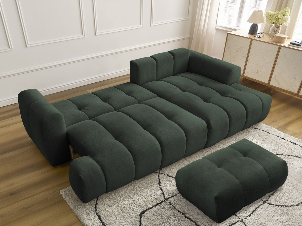 Bobochic Fuji Ecksofa mit Schlaffunktion und Bettkasten und Pouf 292 × 160 cm Stoff Grün Ecke rechts