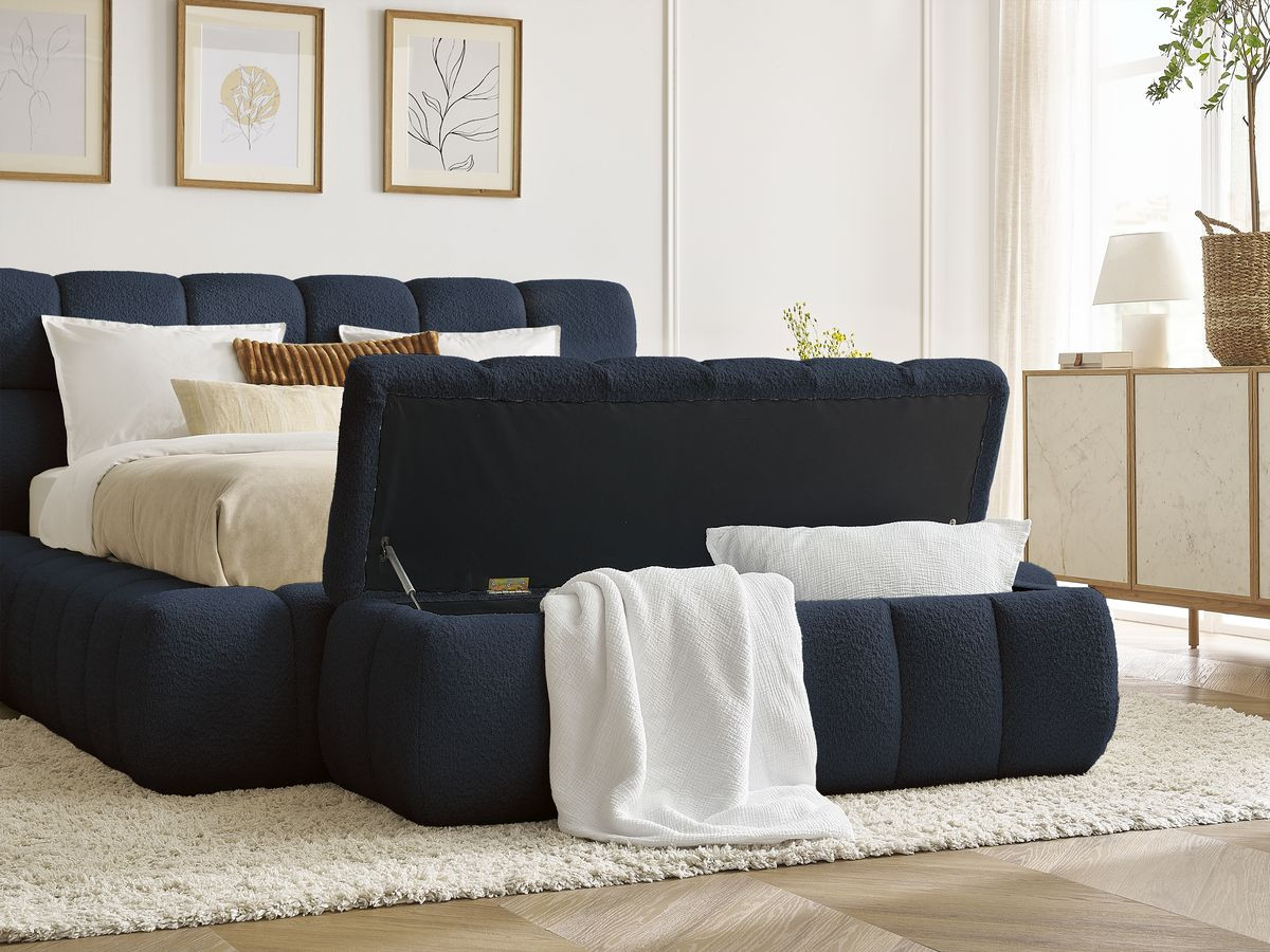 Bobochic Mont-blanc Polsterbett mit Bettkasten mit Bettbank Bouclé-Stoff Dunkelblau, Liegefläche 140 × 190 cm