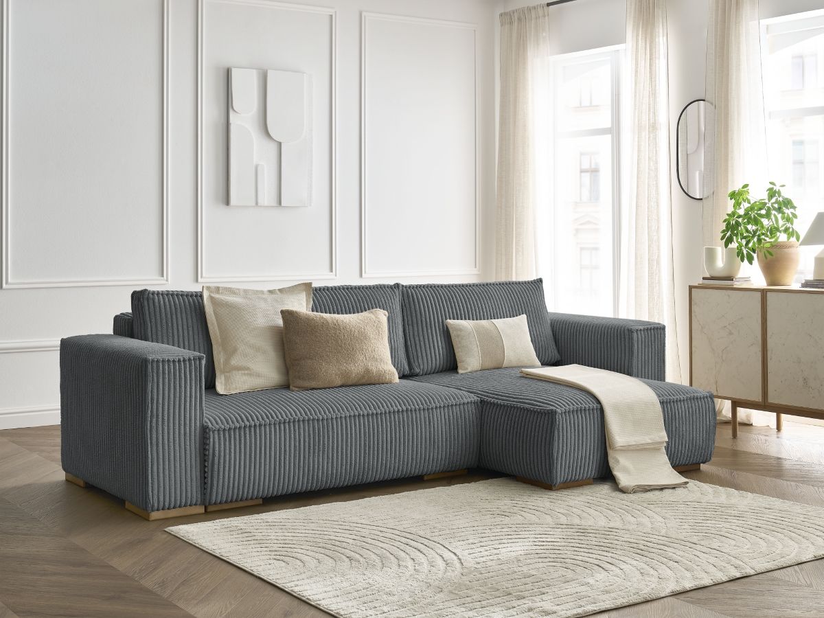 Bobochic Chelsea Ecksofa mit Schlaffunktion und Bettkasten Breitcord weich Dunkelgrau