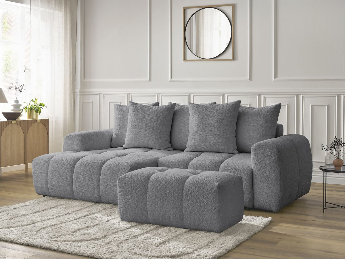 Bobochic Roxelane Ecksofa mit Schlaffunktion und Bettkasten und Pouf 258 × 150 cm Bouclé-Stoff Dunkelgrau Ecke links