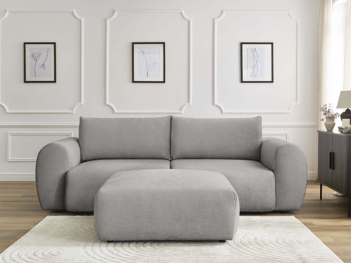 Bobochic Lucien Schlafsofa 4-Sitzer mit Bettkasten und Pouf Stoff Hellgrau