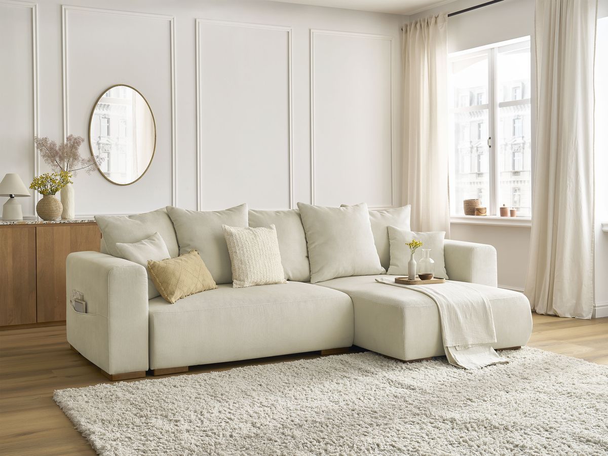 Bobochic Sidonie Ecksofa mit Schlaffunktion und Bettkasten Cordsamt Beige