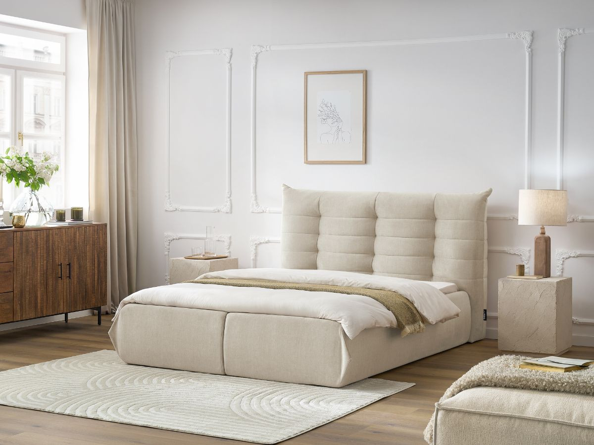 Bobochic Clothilde Polsterbett mit Bettkasten Samt Beige, Liegefläche 140 × 190 cm
