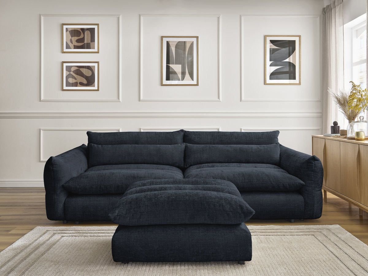 Bobochic Neil Sofa 3-Sitzer mit Pouf Strukturstoff Dunkelblau