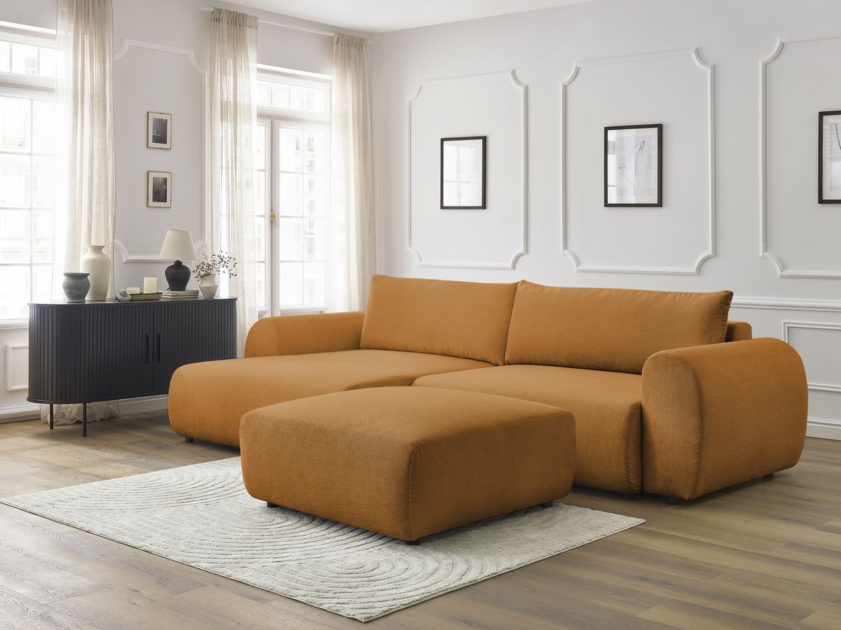 Bobochic Lucien Ecksofa mit Schlaffunktion und Bettkasten und Pouf 314 × 167 cm Stoff Gelb Ecke links