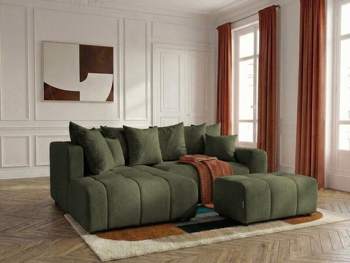 Bobochic Roxelane Ecksofa mit Schlaffunktion und Bettkasten und Pouf Melange-Stoff Grün Ecke links