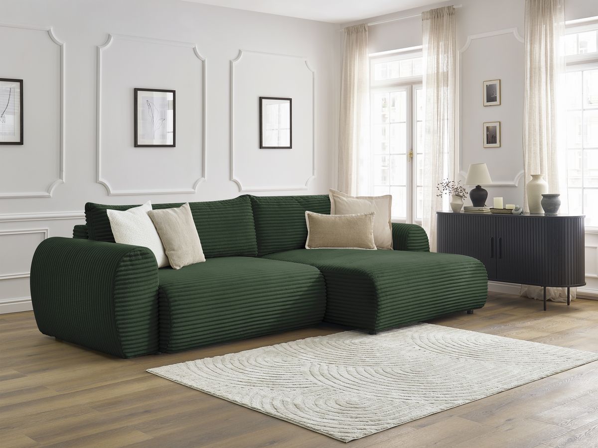 Bobochic Lucien Ecksofa mit Schlaffunktion und Bettkasten 314 × 167 cm Breitcord weich Grün Ecke rechts