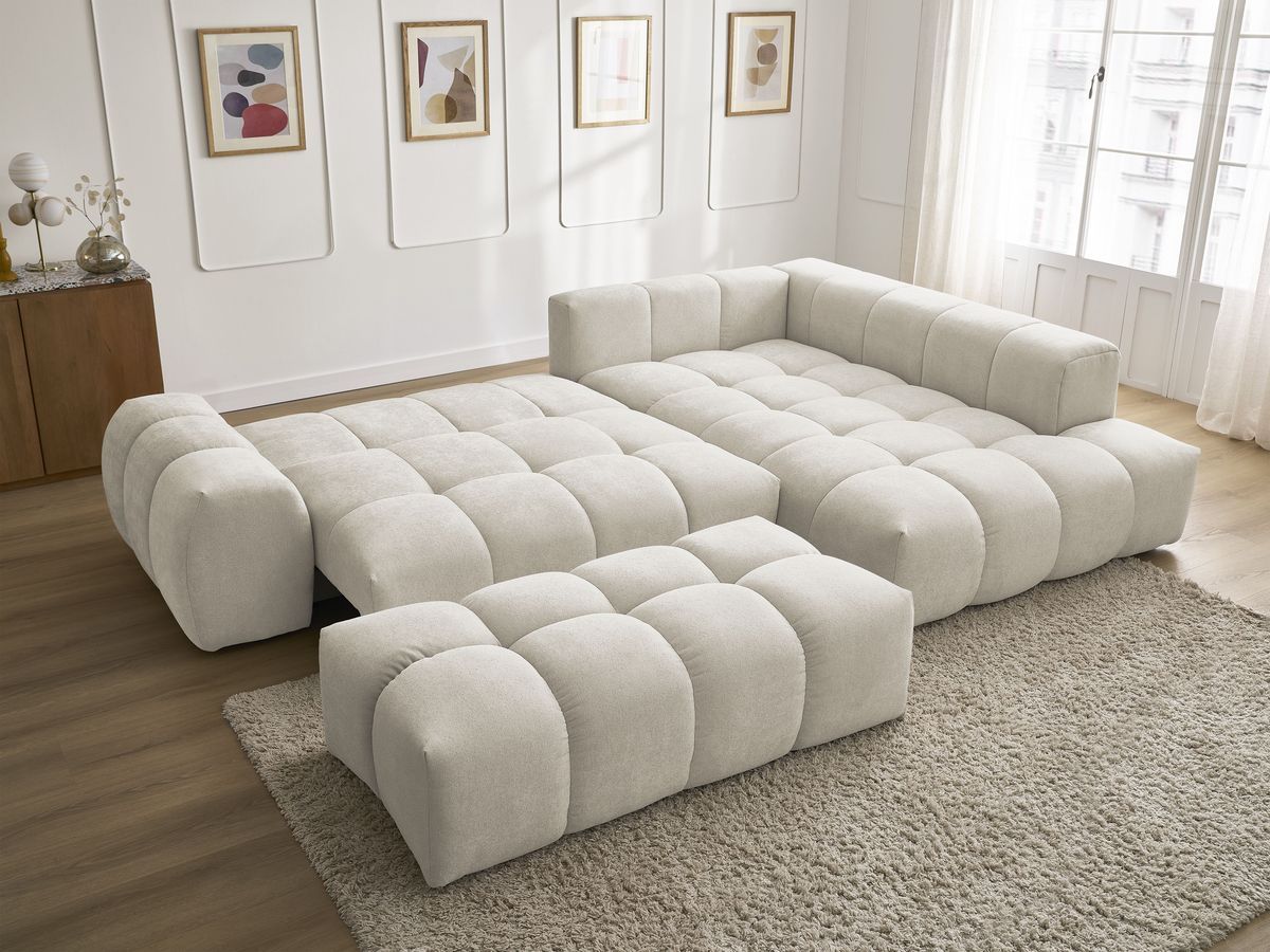 Bobochic Everest Ecksofa mit Schlaffunktion und Bettkasten und Pouf 320 × 212 cm, 5 Kissen Strukturstoff Beige Ecke rechts