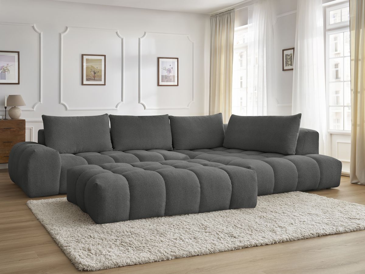 Bobochic Everest Ecksofa mit Schlaffunktion und Pouf, 4 Kissen Melange-Stoff Dunkelgrau Ecke rechts