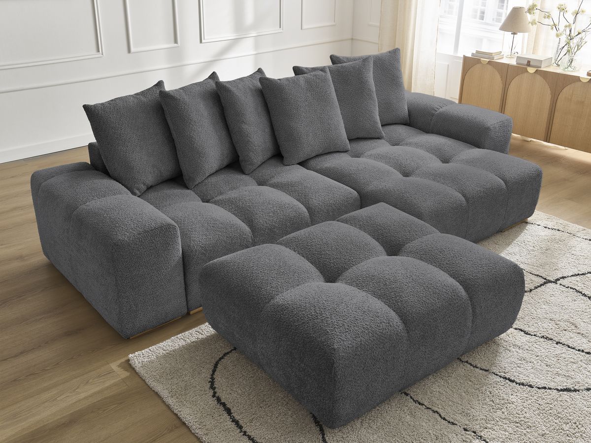 Bobochic Anakin Ecksofa mit Pouf, 6 Kissen Bouclé-Stoff Dunkelgrau