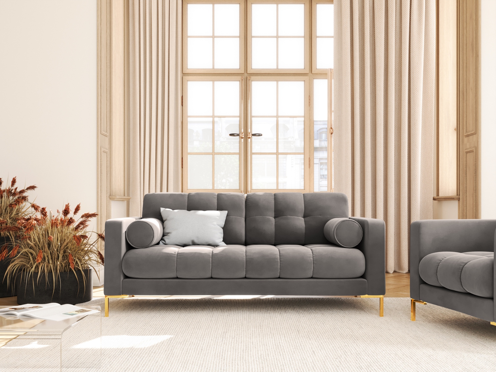 Cosmopolitan Design Sofa Bali 2-Sitzer Samt Bluvel Hellgrau Beine Gold