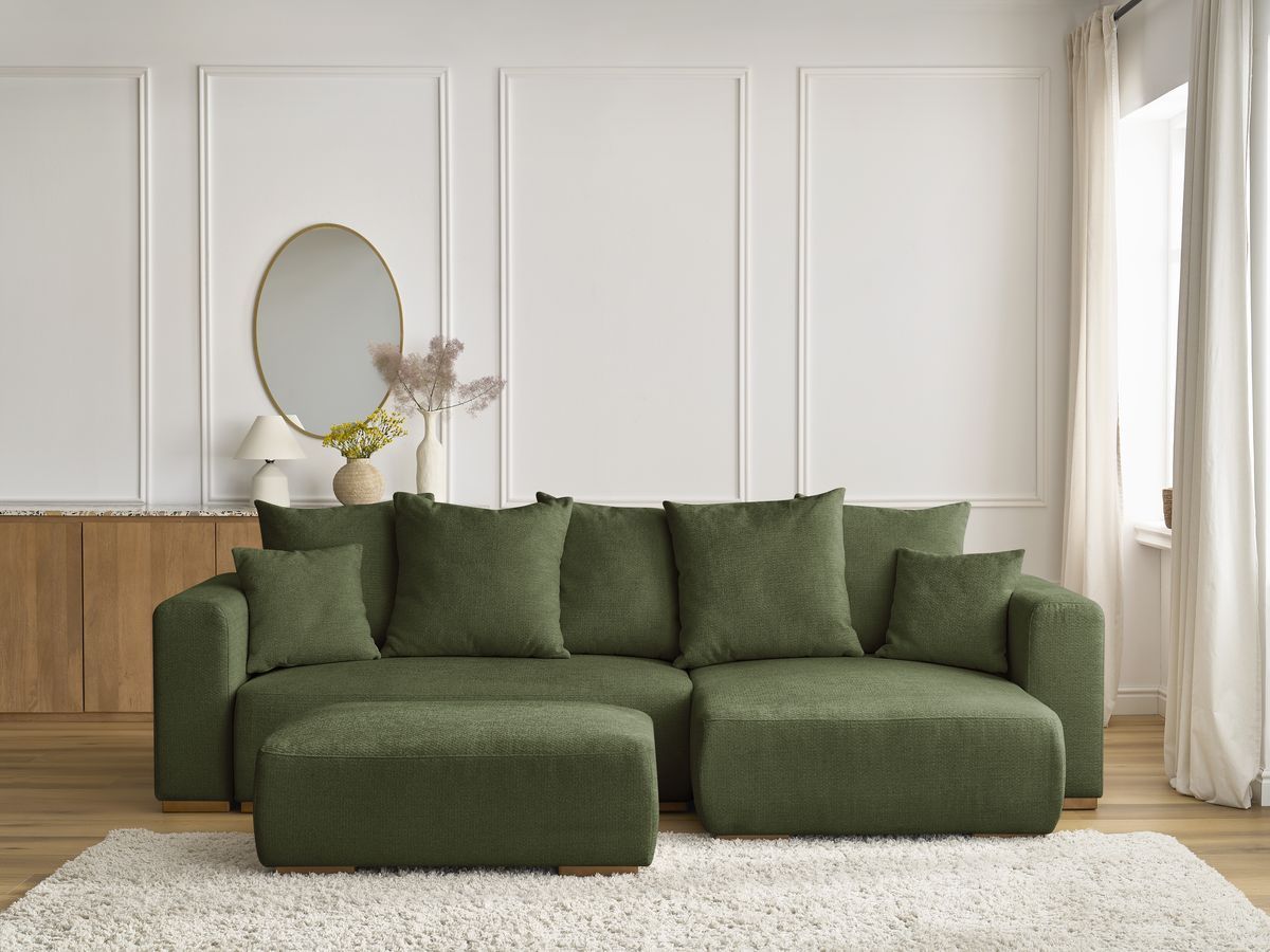 Bobochic Sidonie Ecksofa mit Schlaffunktion und Bettkasten und Pouf Melange-Stoff Grün