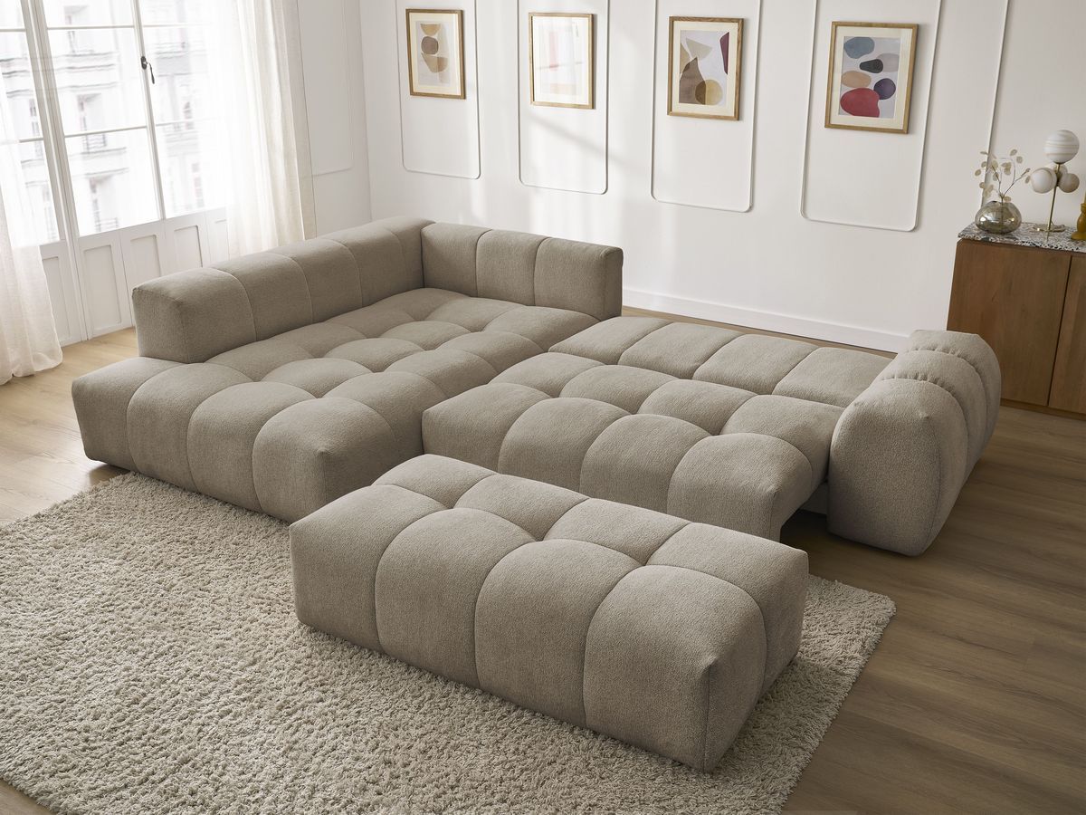 Bobochic Everest Ecksofa mit Schlaffunktion und Bettkasten und Pouf 320 × 212 cm, 5 Kissen Melange-Stoff Taupe Ecke links