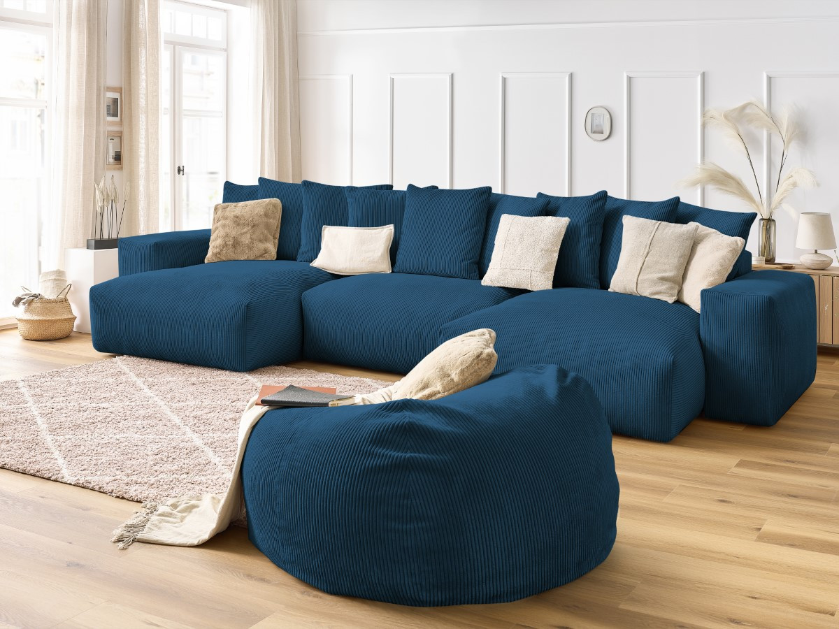 Bobochic Voltaire Wohnlandschaft mit Pouf 420 × 174 cm Cordsamt Dunkelblau