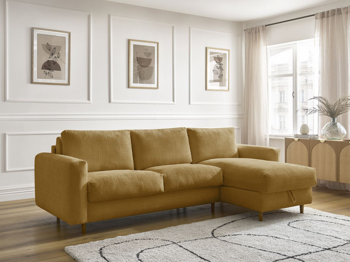 Bobochic Cocoone Ecksofa mit Schlaffunktion und Bettkasten Strukturstoff Gelb, Liegefläche 140 × 200 cm