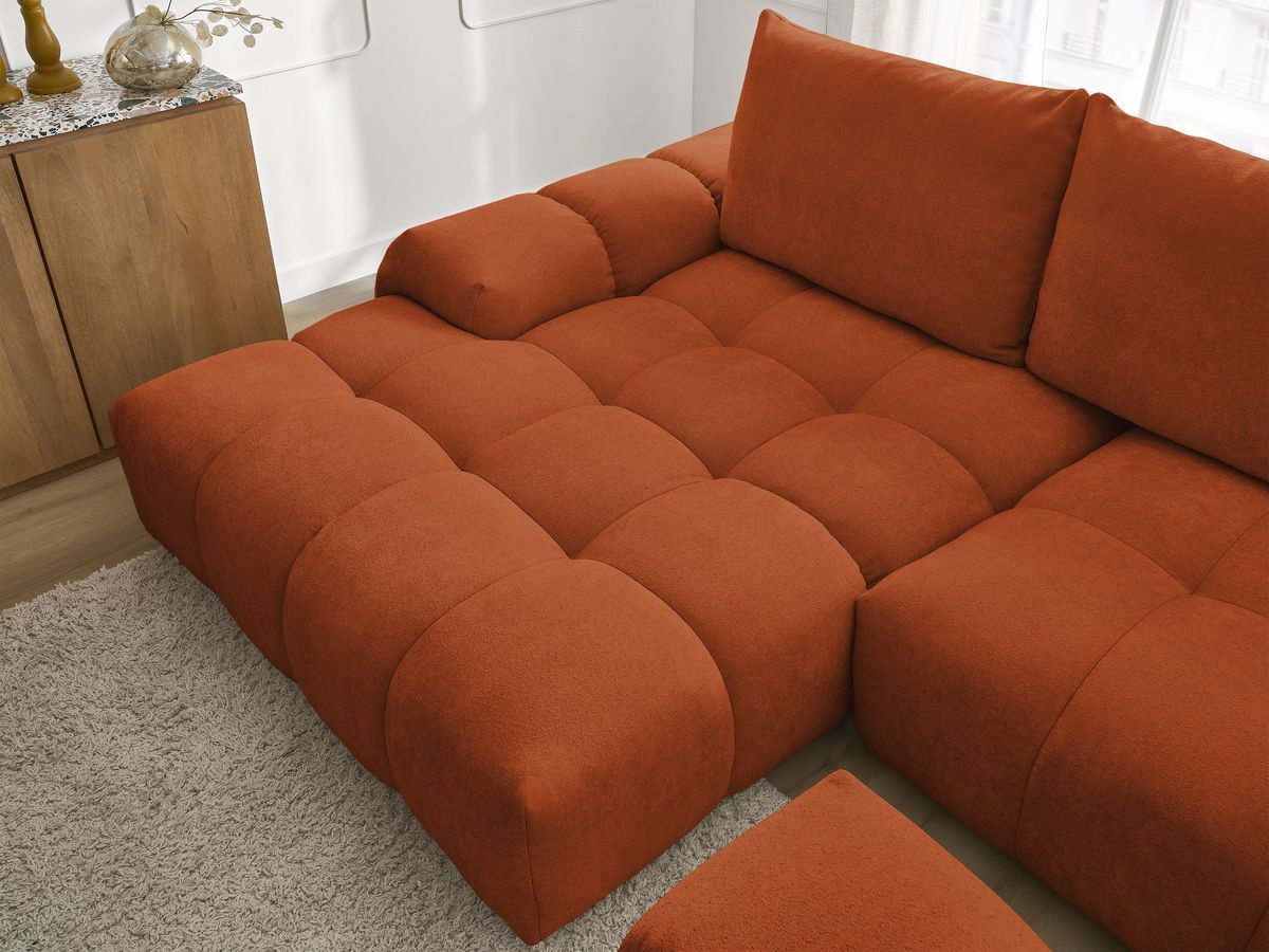 Bobochic Everest Ecksofa mit Schlaffunktion und Bettkasten und Pouf 318 × 180 cm, 3 Kissen Strukturstoff Orange Ecke links