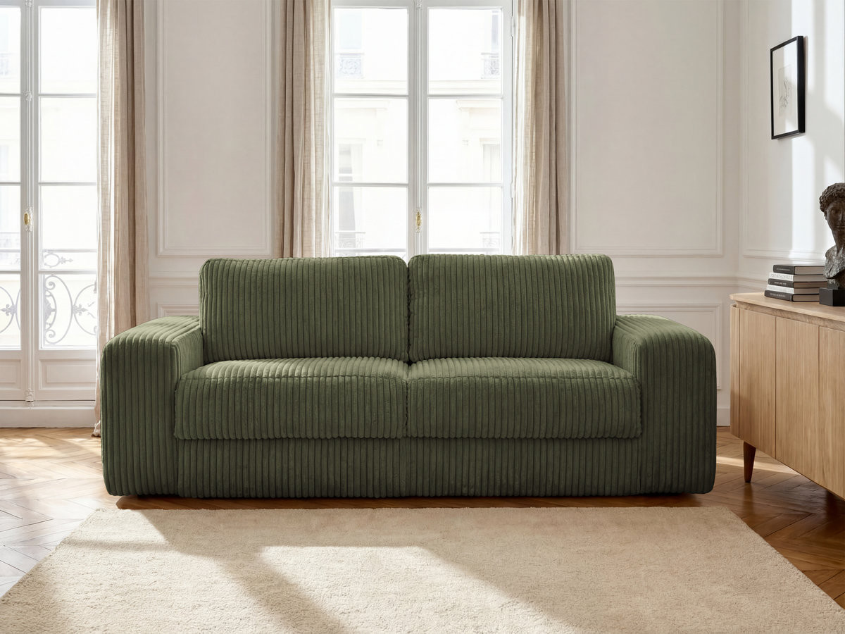 Bobochic Ibiza Schlafsofa 3-Sitzer Cordsamt Grün, Liegefläche 140 × 196 cm