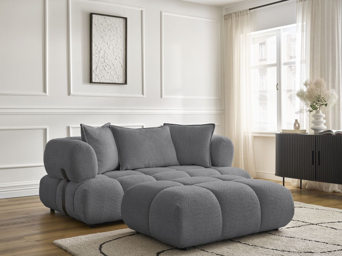 Bobochic Alya Sofa 2-Sitzer mit Pouf Bouclé-Stoff Dunkelgrau