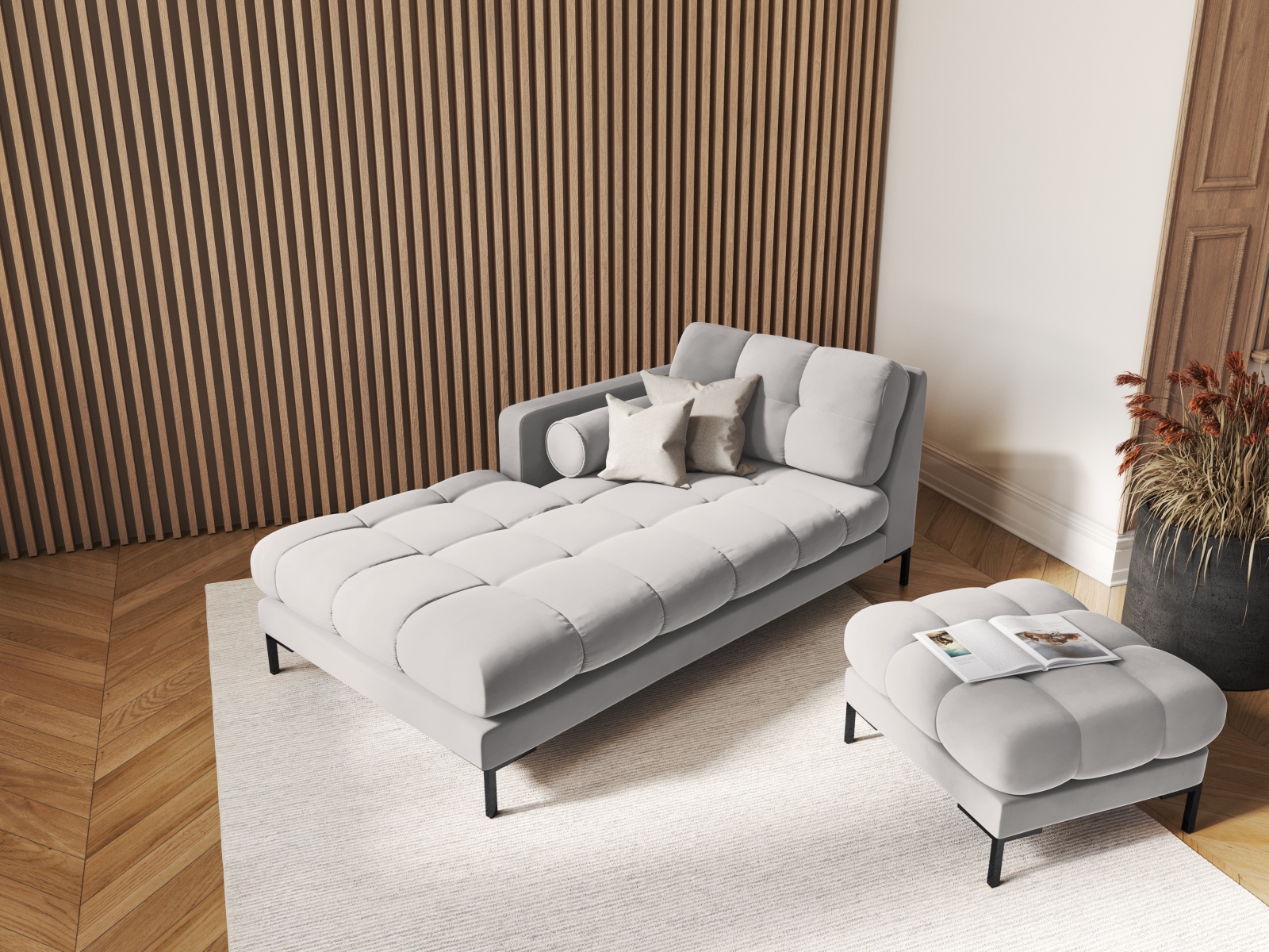 Cosmopolitan Design Chaiselongue Bali Samt Bluvel Silber Links Beine Schwarzes Metall