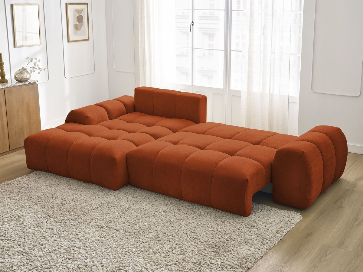Bobochic Everest Ecksofa mit Schlaffunktion und Bettkasten 318 × 180 cm, 3 Kissen Strukturstoff Orange Ecke links