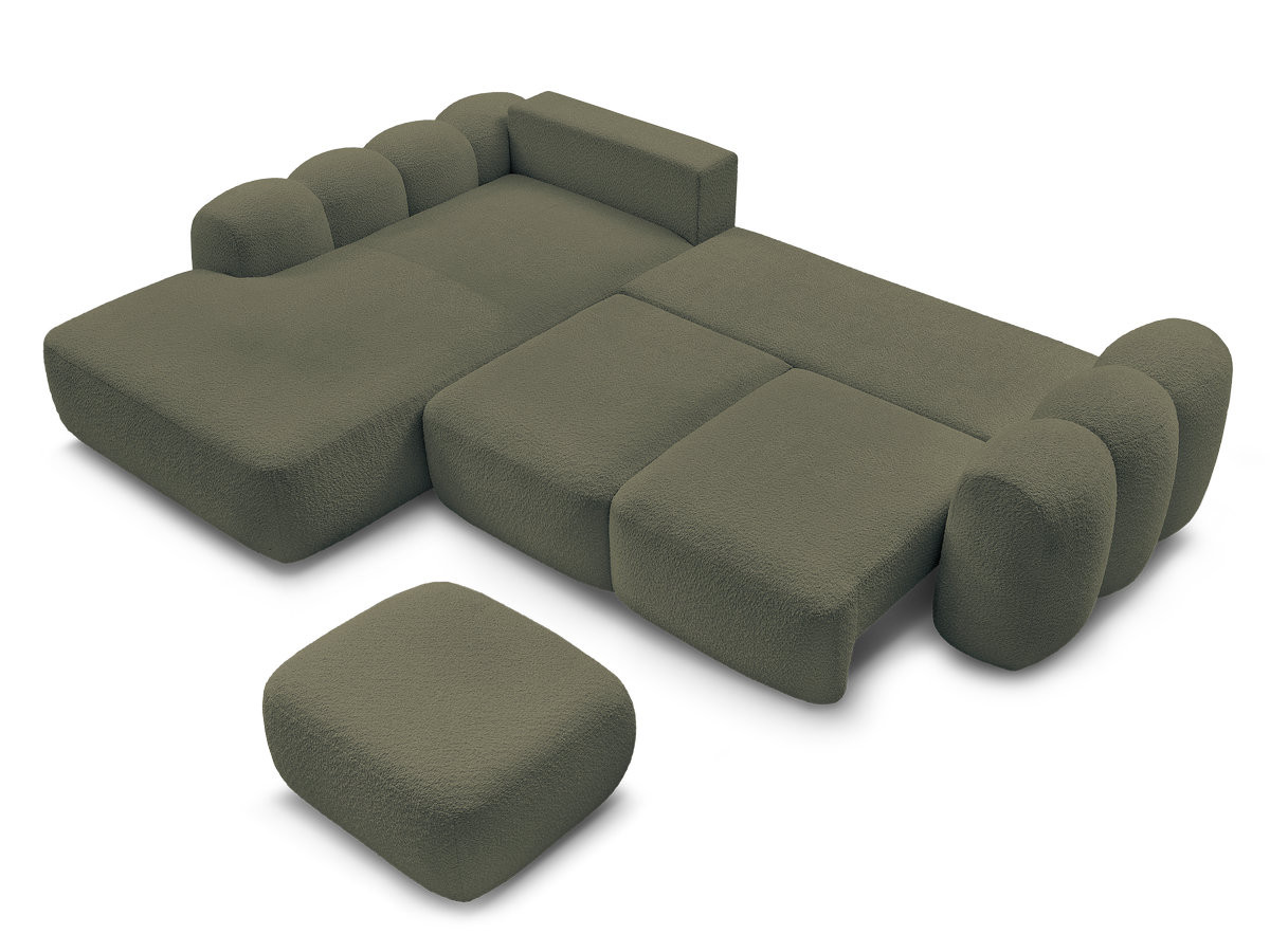 Bobochic Montaigne Ecksofa mit Schlaffunktion und Bettkasten und Pouf 288 × 196 cm Bouclé-Stoff Grün Ecke links