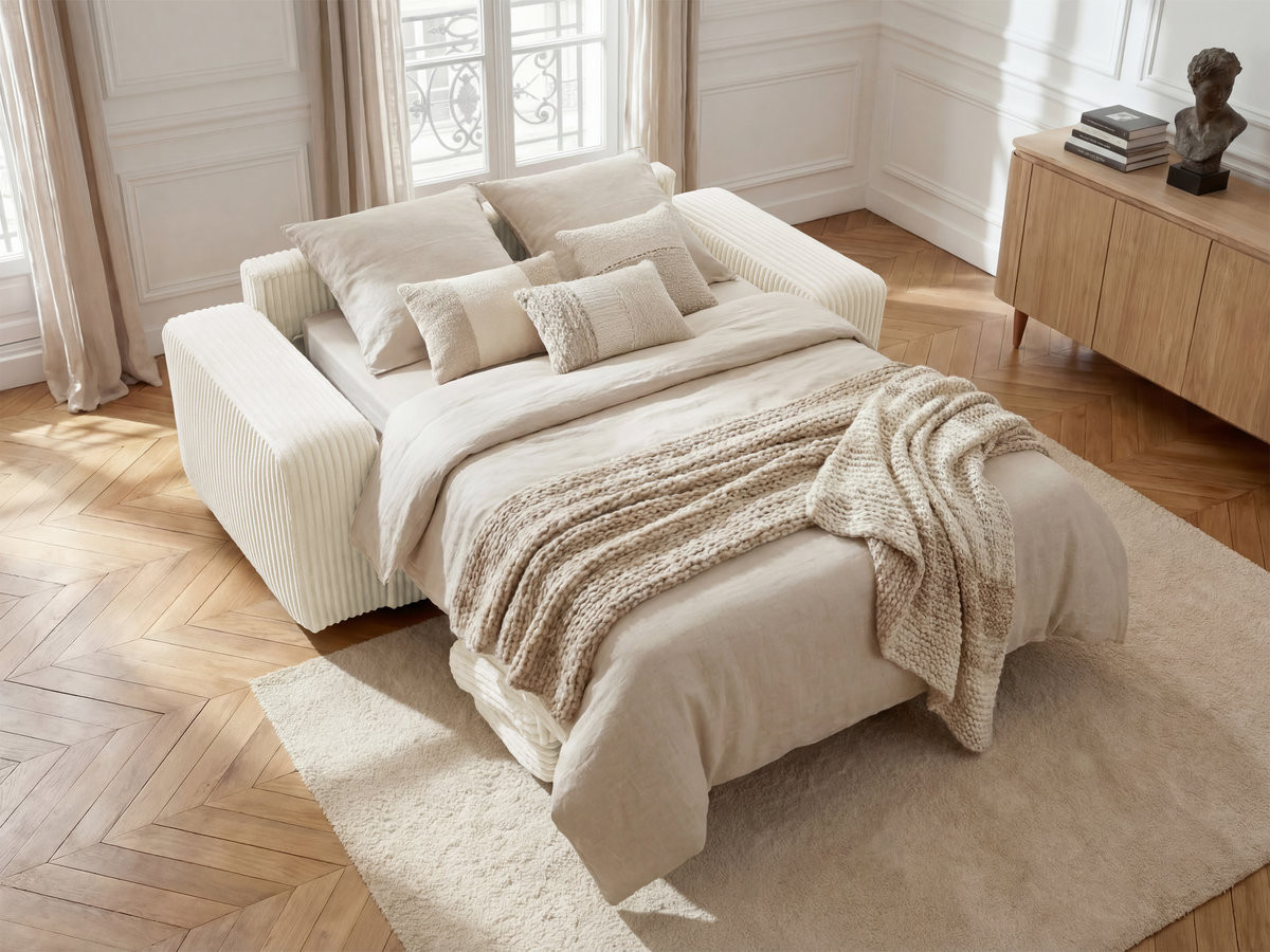 Bobochic Ibiza Schlafsofa 3-Sitzer Cordsamt Beige, Liegefläche 140 × 196 cm