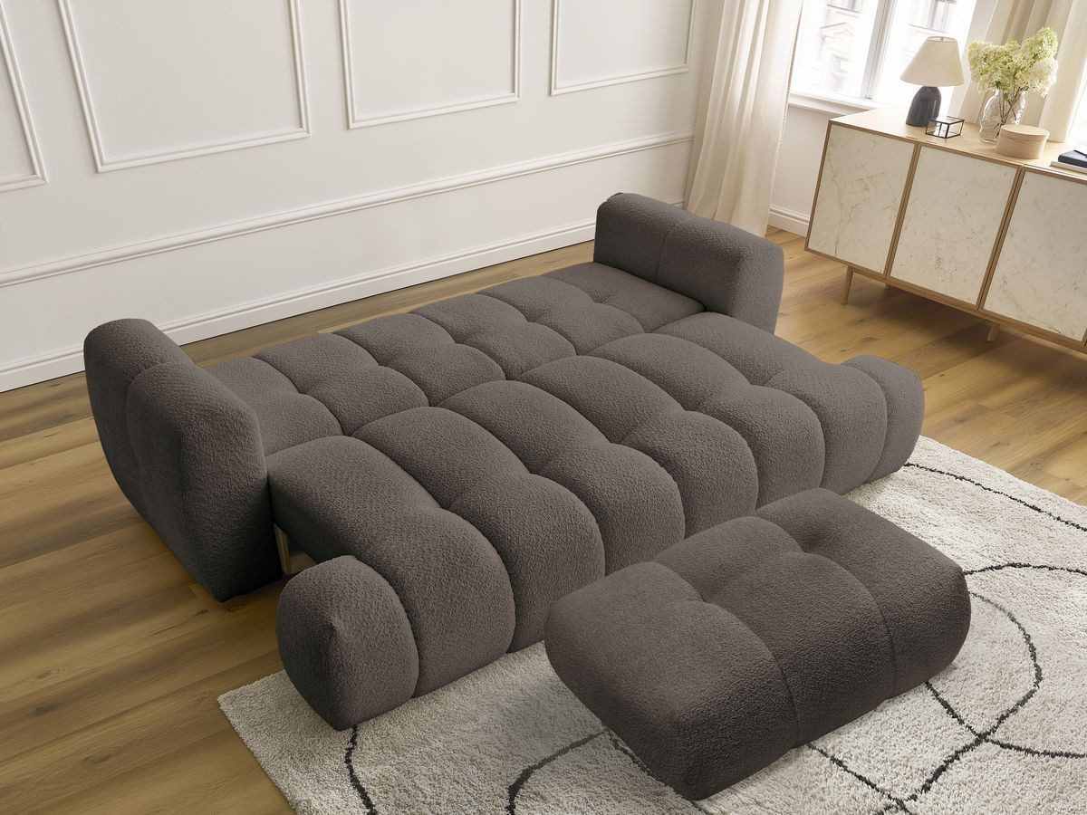 Bobochic Fuji Schlafsofa 3-Sitzer mit Bettkasten und Pouf Bouclé-Stoff Braun