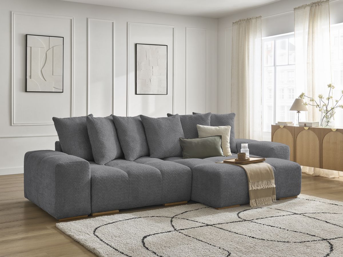 Bobochic Anakin Ecksofa, 6 Kissen Bouclé-Stoff Dunkelgrau