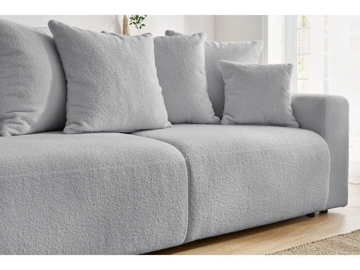 Bobochic Envy Schlafsofa 3-Sitzer mit Bettkasten und rechteckigem Pouf Bouclé-Stoff Hellgrau