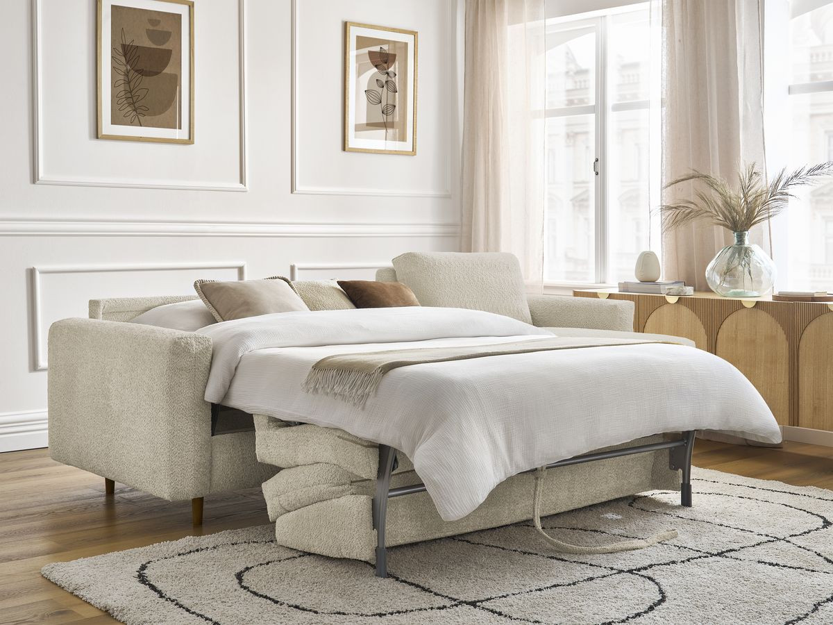 Bobochic Cocoone Ecksofa mit Schlaffunktion und Bettkasten Bouclé-Stoff Beige, Liegefläche 160 × 200 cm