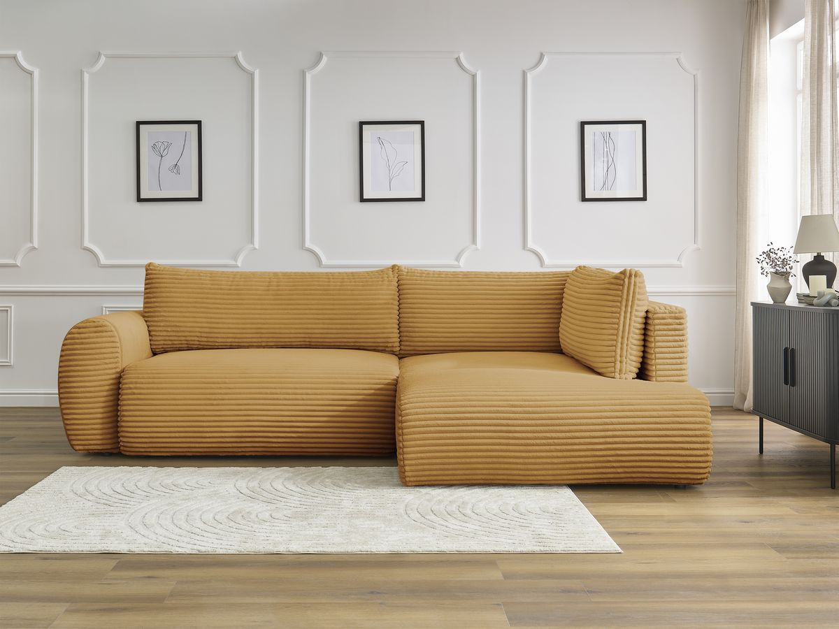 Bobochic Lucien Ecksofa mit Schlaffunktion und Bettkasten 296 × 198 cm Breitcord weich Gelb Ecke rechts